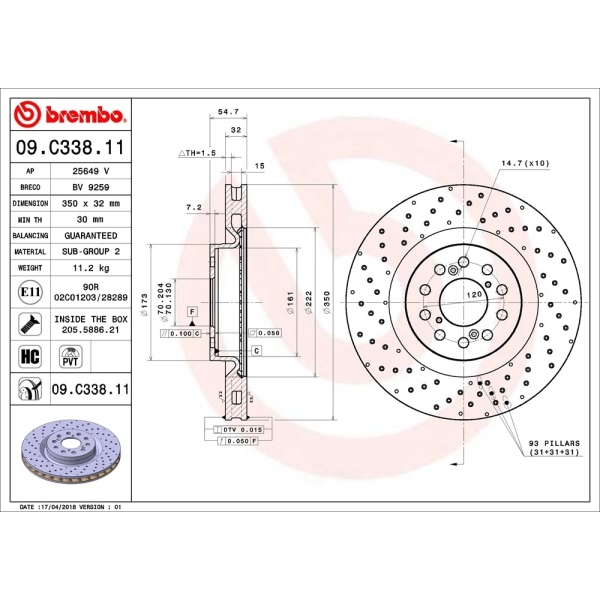 brembo UV Coated Series Drilled Vented Front Brake Rotor 09.C338.11