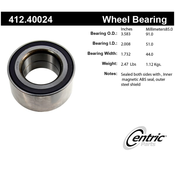 Centric Premium™ Front Passenger Side Double Row Wheel Bearing 412.40024