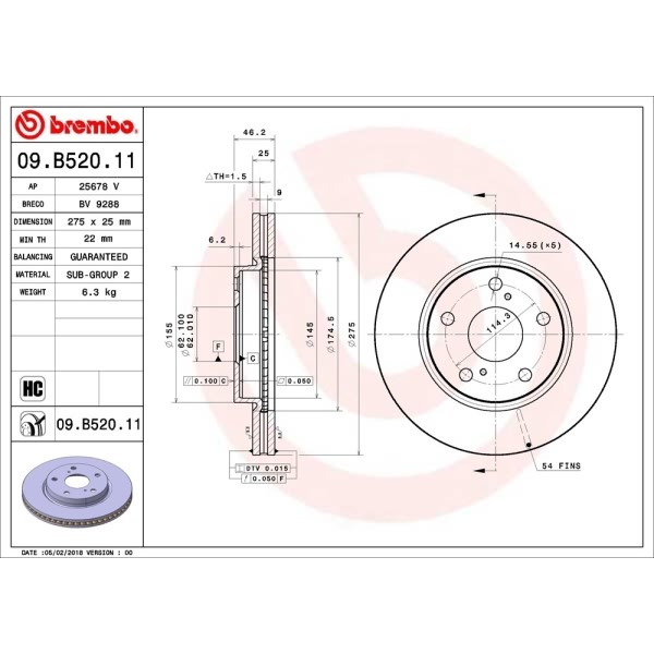 brembo UV Coated Series Vented Front Brake Rotor 09.B520.11