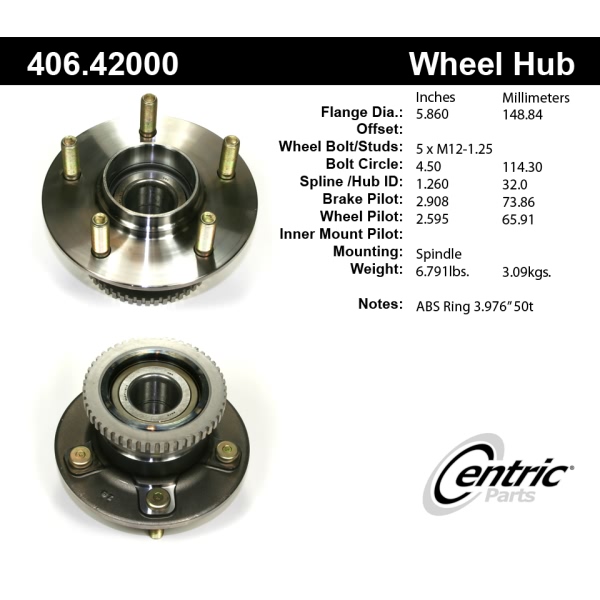 Centric C-Tek™ Rear Passenger Side Standard Non-Driven Wheel Bearing and Hub Assembly 406.42000E