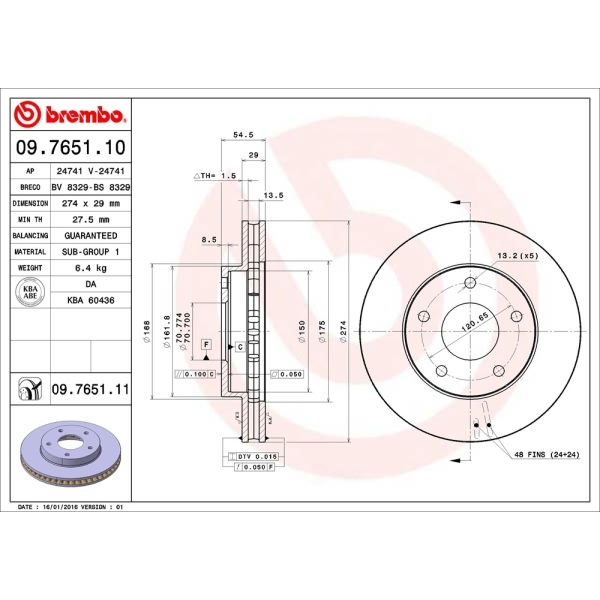 brembo UV Coated Series Vented Front Brake Rotor 09.7651.11