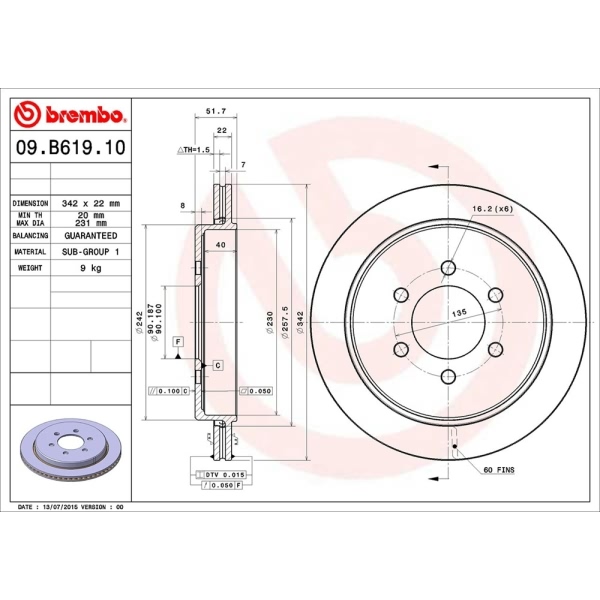 brembo OE Replacement Vented Rear Brake Rotor 09.B619.10