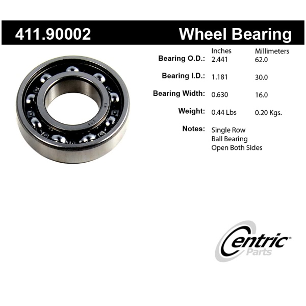 Centric Premium™ Rear Passenger Side Inner Single Row Wheel Bearing 411.90002