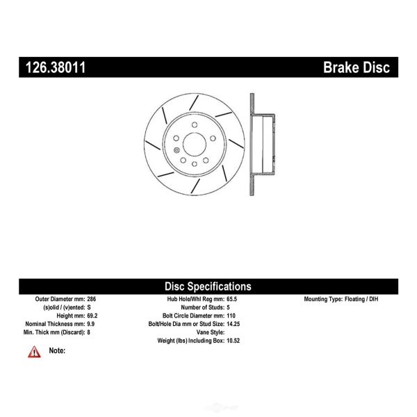 Centric SportStop Slotted 1-Piece Rear Brake Rotor 126.38011