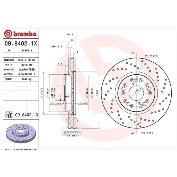 brembo Premium Xtra Cross Drilled UV Coated 1-Piece Front Brake Rotors 09.8402.1X