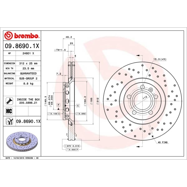 brembo Premium Xtra Cross Drilled UV Coated 1-Piece Front Brake Rotors 09.8690.1X