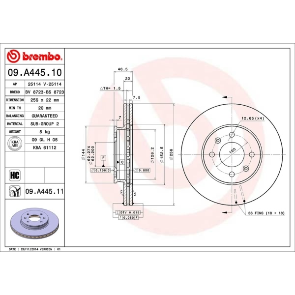 brembo UV Coated Series Vented Front Brake Rotor 09.A445.11