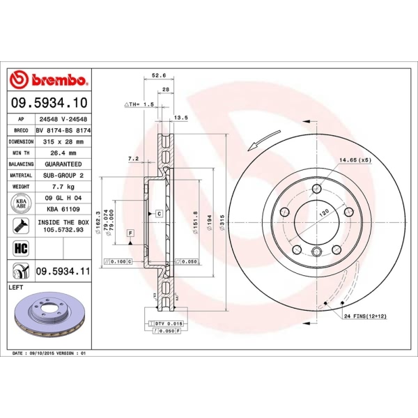 brembo UV Coated Series Vented Front Driver Side Brake Rotor 09.5934.11