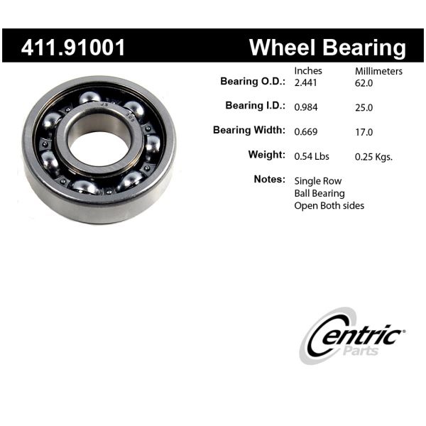 Centric Premium™ Rear Passenger Side Outer Single Row Wheel Bearing 411.91001