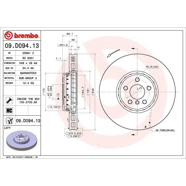 brembo OE Replacement Vented Front Driver Side Brake Rotor 09.D094.13