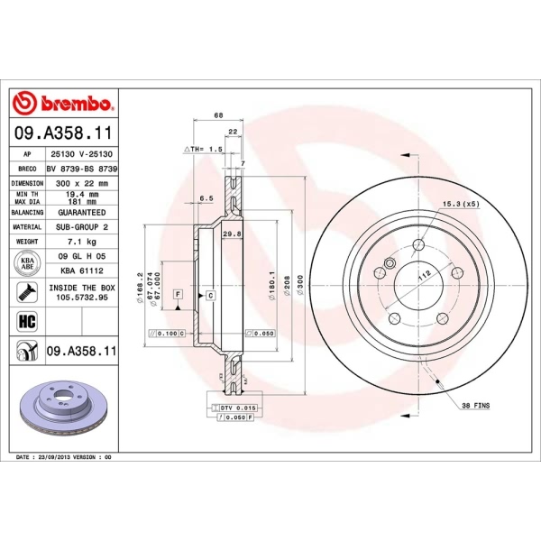 brembo UV Coated Series Vented Rear Brake Rotor 09.A358.11
