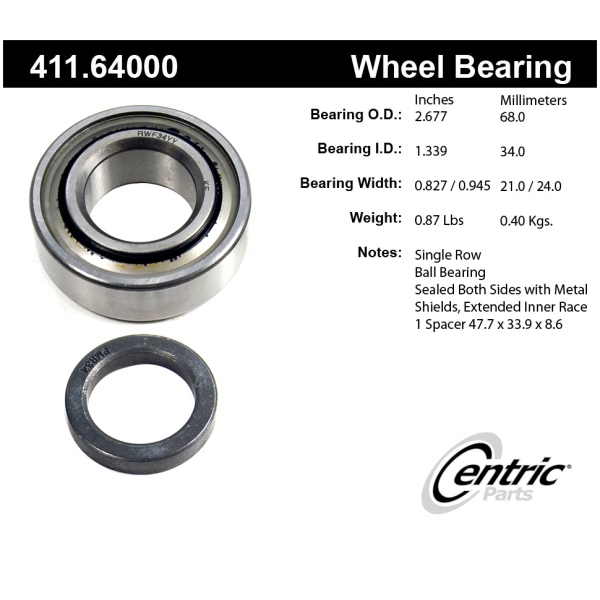 Centric Premium™ Rear Single Row Wheel Bearing Kit 411.64000