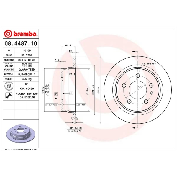 brembo OE Replacement Solid Rear Brake Rotor 08.4487.10