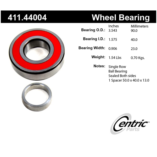 Centric Premium™ Rear Driver Side Inner Single Row Wheel Bearing 411.44004