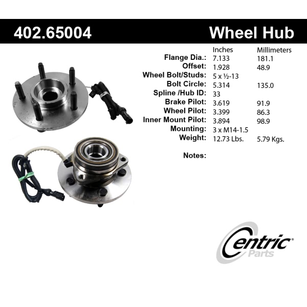 Centric C-Tek™ Front Passenger Side Standard Driven Axle Bearing and Hub Assembly 402.65004E
