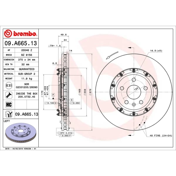 brembo OE Replacement Vented Front Driver Side Brake Rotor 09.A665.13