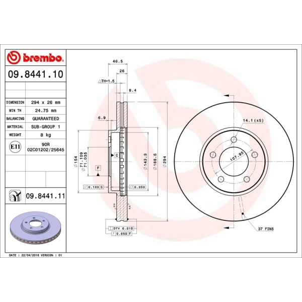 brembo UV Coated Series Vented Front Brake Rotor 09.8441.11