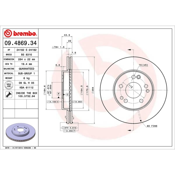 brembo OE Replacement Vented Front Brake Rotor 09.4869.34