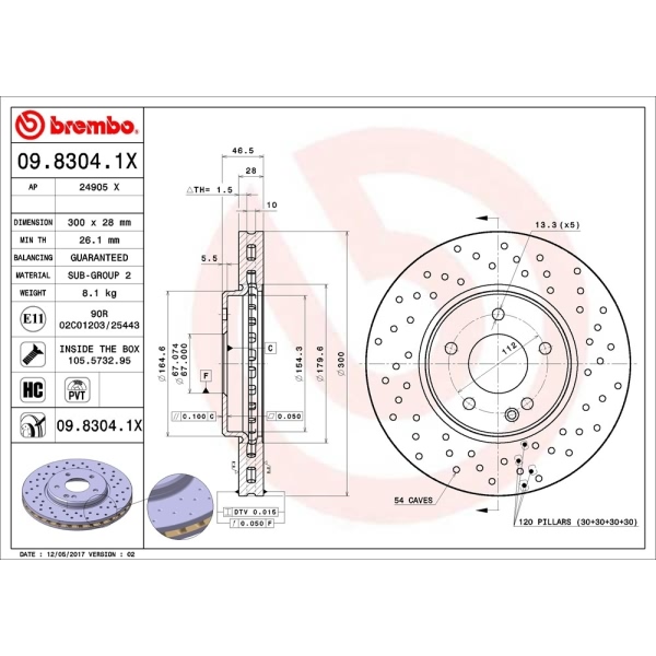 brembo Premium Xtra Cross Drilled UV Coated 1-Piece Front Brake Rotors 09.8304.1X