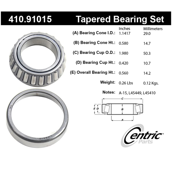 Centric Premium™ Rear Passenger Side Inner Wheel Bearing and Race Set 410.91015