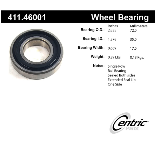 Centric Premium™ Rear Passenger Side Outer Single Row Wheel Bearing 411.46001