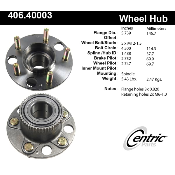 Centric C-Tek™ Rear Driver Side Standard Non-Driven Wheel Bearing and Hub Assembly 406.40003E