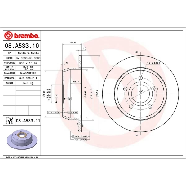 brembo UV Coated Series Rear Brake Rotor 08.A533.11