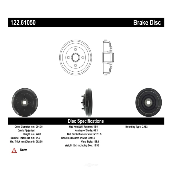 Centric Premium Rear Brake Drum 122.61050