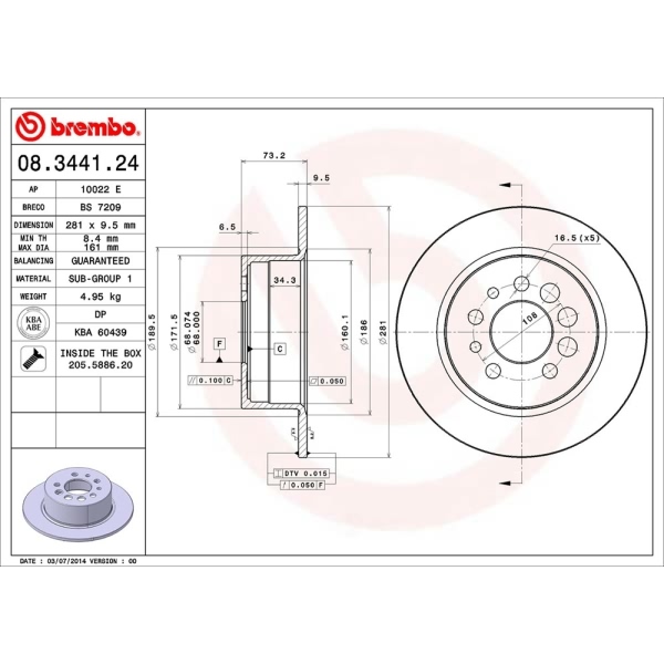 brembo OE Replacement Solid Rear Brake Rotor 08.3441.24