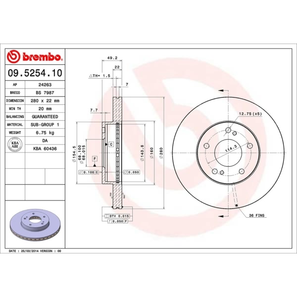 brembo OE Replacement Vented Front Brake Rotor 09.5254.10