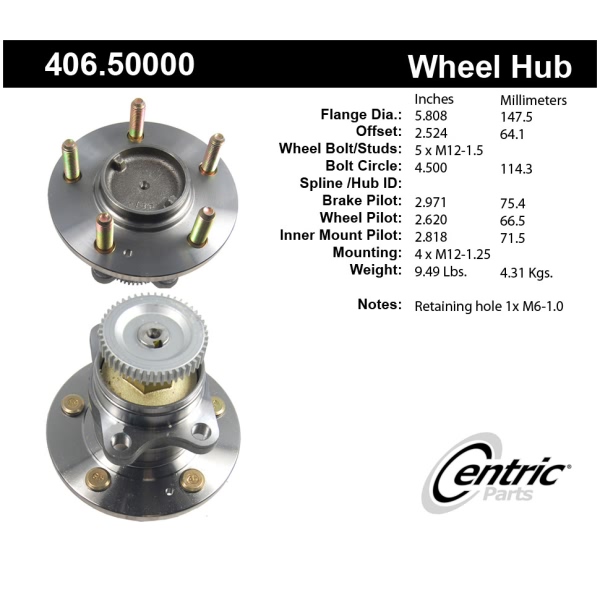 Centric Premium™ Rear Passenger Side Non-Driven Wheel Bearing and Hub Assembly 406.50000