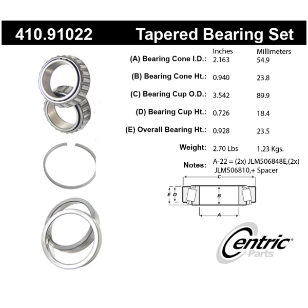 Centric Premium™ Front Passenger Side Inner Wheel Bearing and Race Set 410.91022