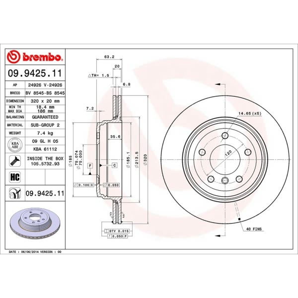 brembo UV Coated Series Vented Rear Brake Rotor 09.9425.11
