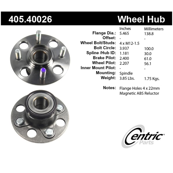 Centric Premium™ Rear Passenger Side Non-Driven Wheel Bearing and Hub Assembly 405.40026
