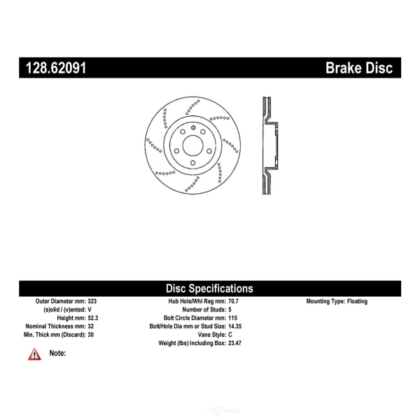 Centric Premium™ OE Style Drilled Brake Rotor 128.62091