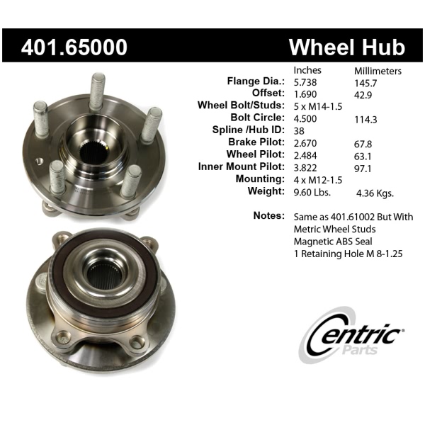 Centric Premium™ Front Driver Side Driven Wheel Bearing and Hub Assembly 401.65000