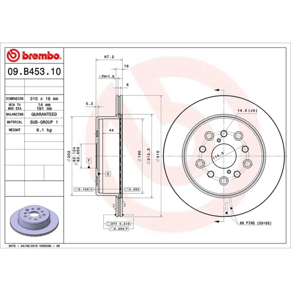 brembo OE Replacement Vented Rear Brake Rotor 09.B453.10