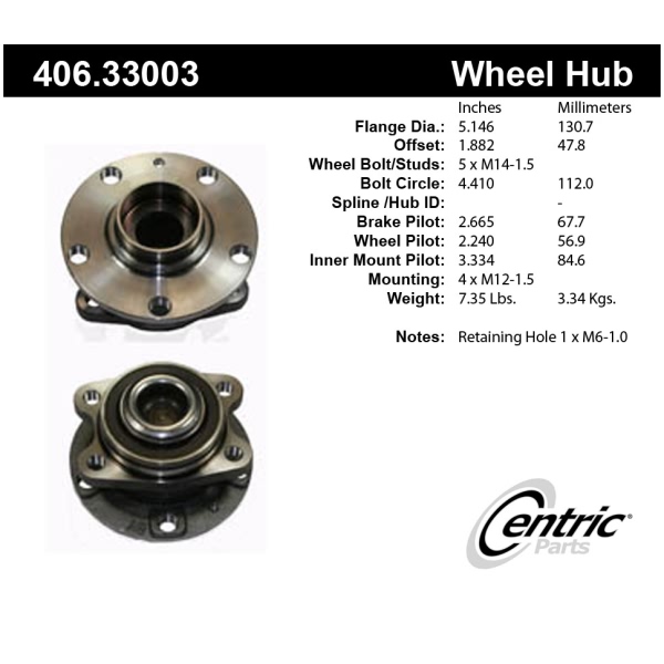 Centric Premium™ Rear Driver Side Non-Driven Wheel Bearing and Hub Assembly 406.33003