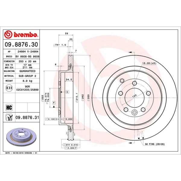 brembo UV Coated Series Vented Rear Brake Rotor 09.8876.31