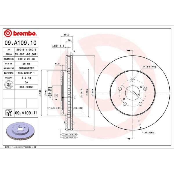 brembo UV Coated Series Vented Front Brake Rotor 09.A109.11