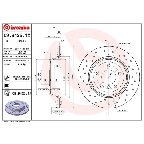 brembo Premium Xtra Cross Drilled UV Coated 1-Piece Rear Brake Rotors 09.9425.1X
