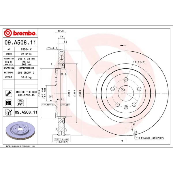 brembo UV Coated Series Vented Rear Brake Rotor 09.A508.11