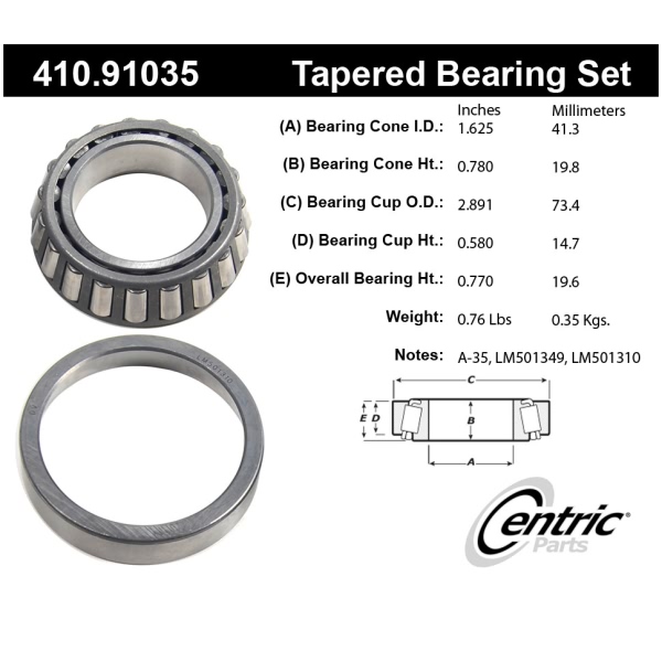 Centric Premium™ Front Passenger Side Outer Wheel Bearing and Race Set 410.91035