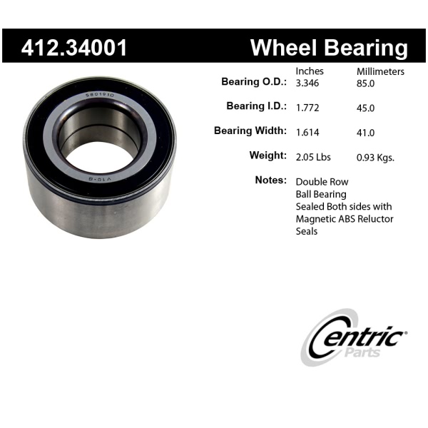 Centric Premium™ Rear Driver Side Double Row Wheel Bearing 412.34001