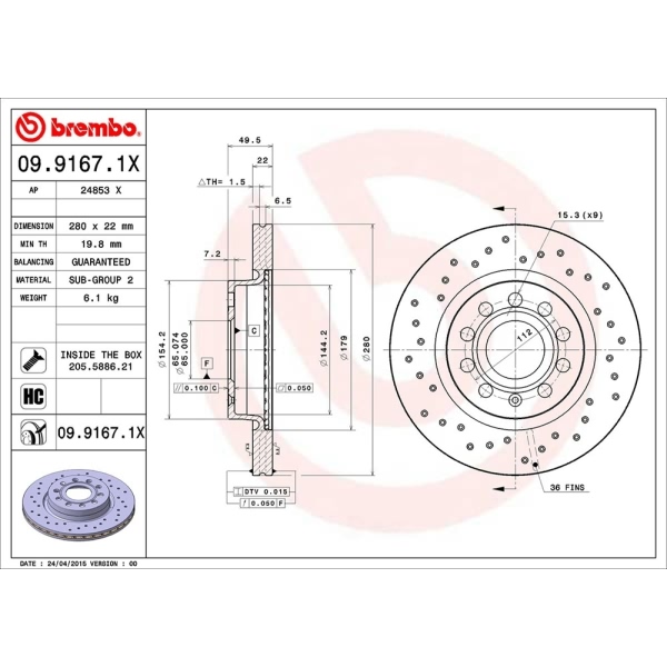 brembo Premium Xtra Cross Drilled UV Coated 1-Piece Front Brake Rotors 09.9167.1X