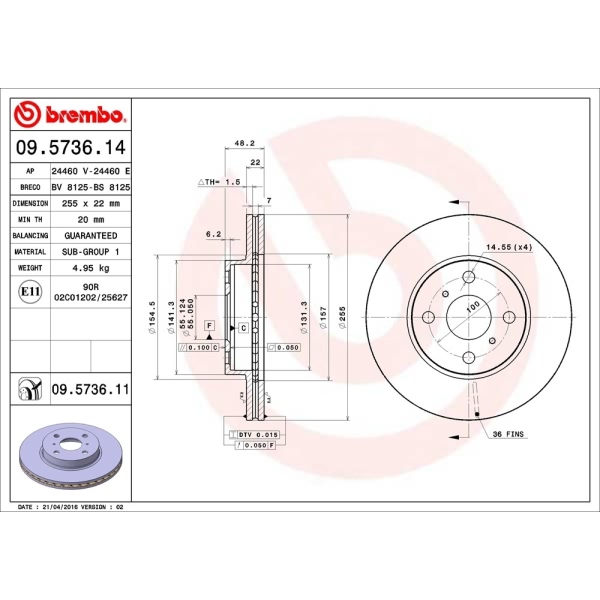 brembo UV Coated Series Vented Front Brake Rotor 09.5736.11