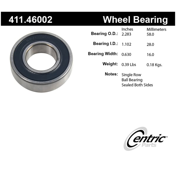 Centric Premium™ Rear Driver Side Inner Single Row Wheel Bearing 411.46002