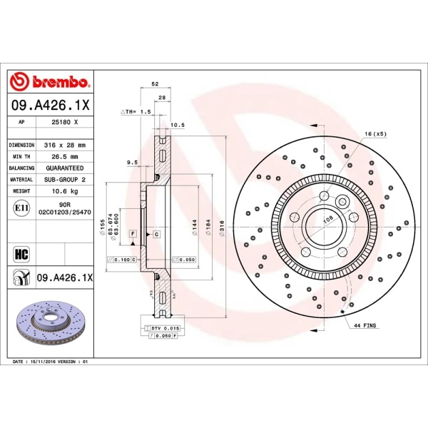 brembo Premium Xtra Cross Drilled UV Coated 1-Piece Front Brake Rotors 09.A426.1X