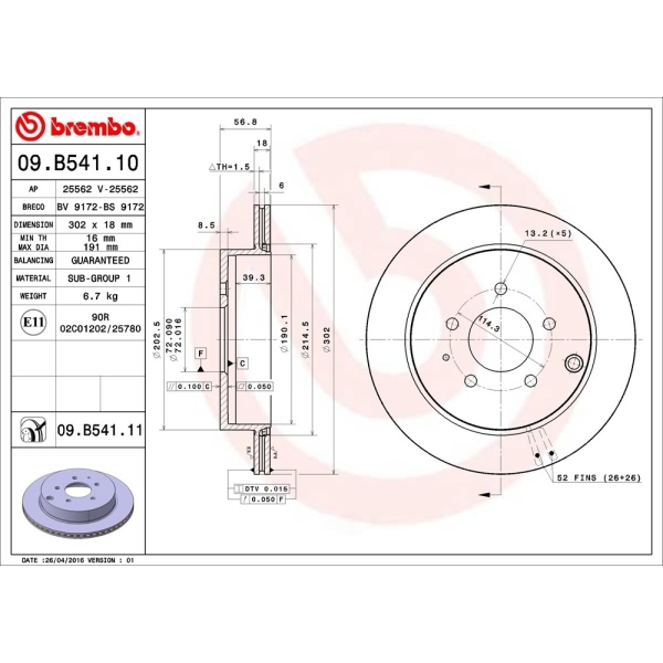 brembo UV Coated Series Vented Rear Brake Rotor 09.B541.11