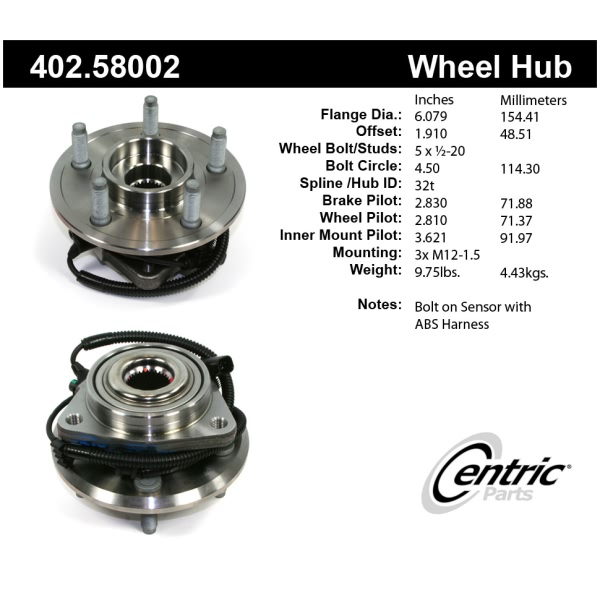 Centric Premium™ Front Passenger Side Driven Wheel Bearing and Hub Assembly 402.58002